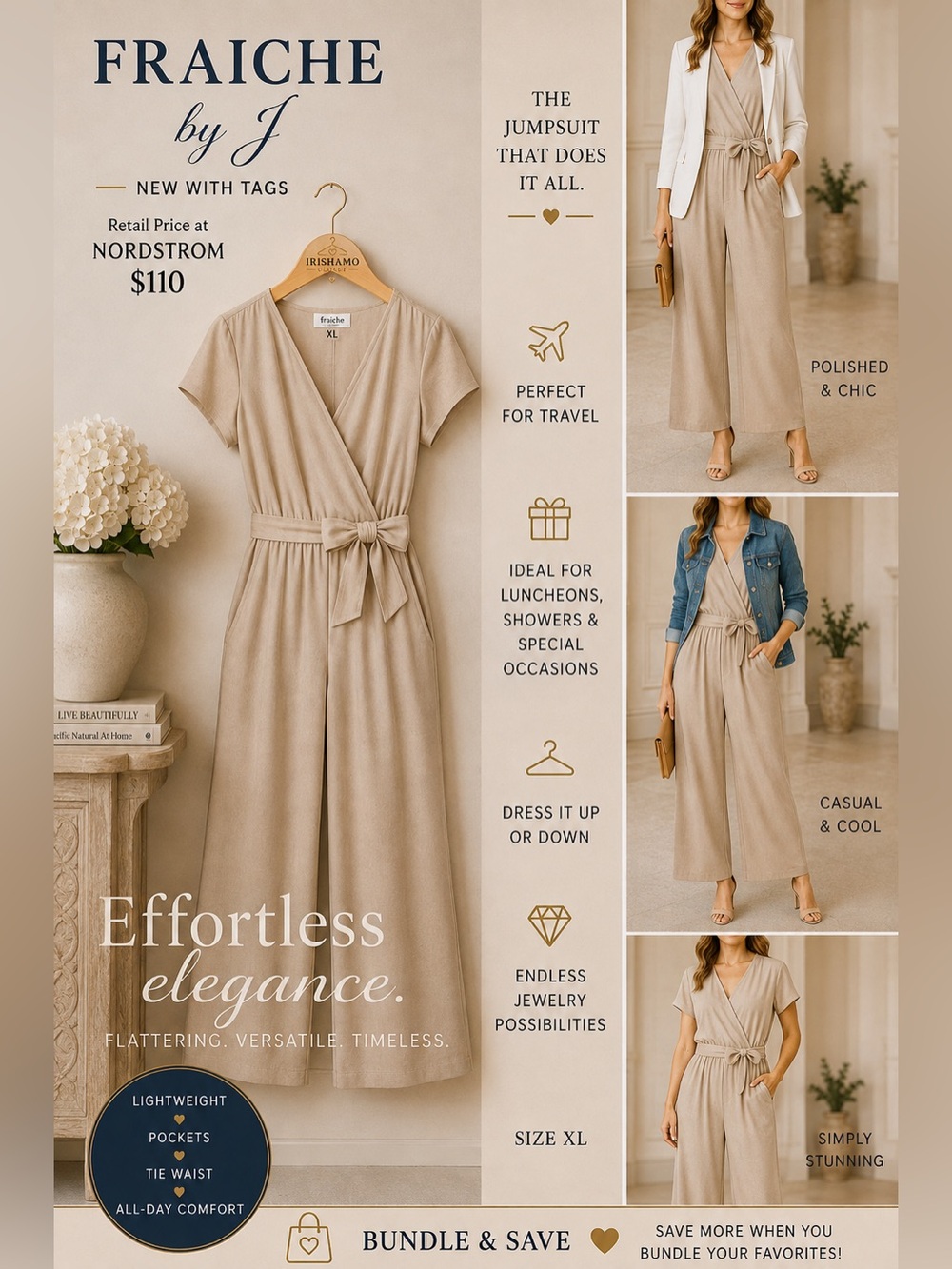 NWT Fraiche by J. Khaki Tie Waist Jumpsuit With Pockets | Size XL
